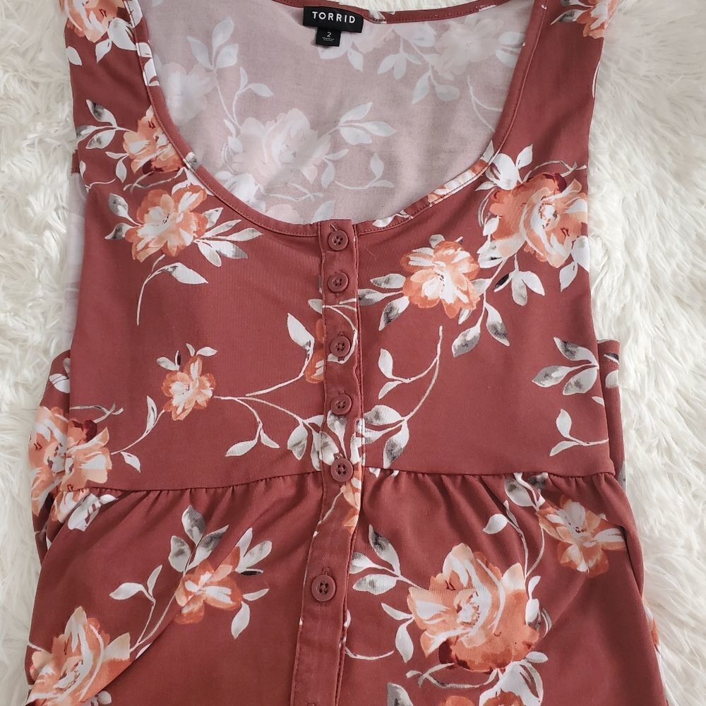 Torrid Women's Plus Size Size 2Xl Red Floral Tunic Button Down Dress Blouse